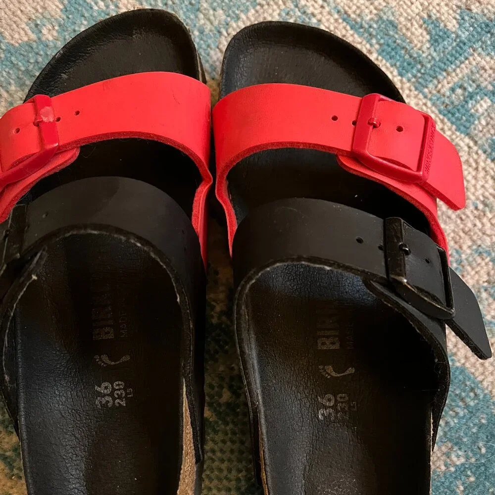 Birkenstock Arizona *Black & Poppy Red* Split Color / 36 N / Birko-Flor / EUC - Picture 13 of 16